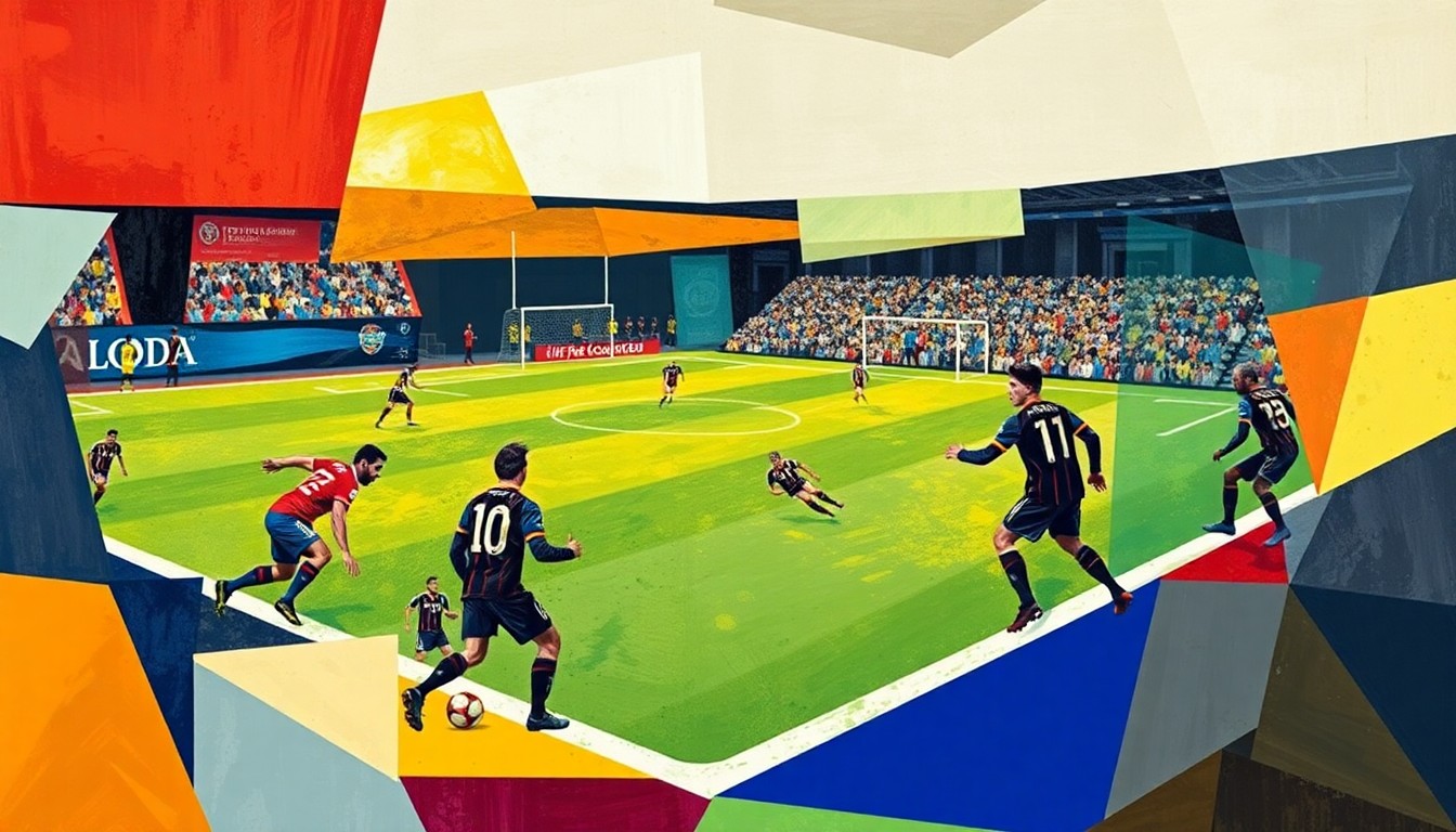 A cubist, geometric painting depicting a fragmented football field and players, with sharp, overlapping planes of color and shape representing the complex tensions between the Detroit Lions and their former star players.