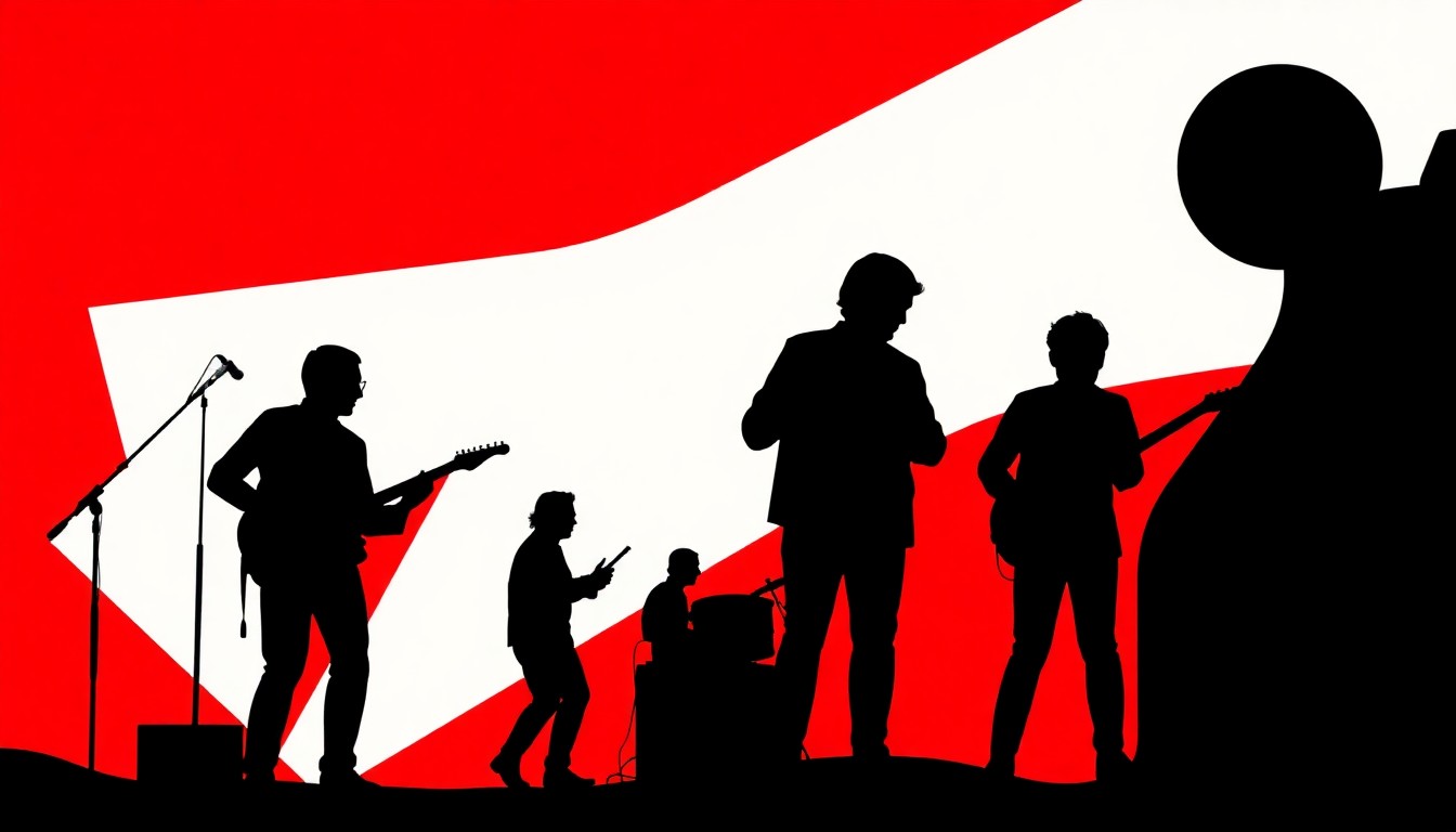 An abstract, minimalist illustration featuring bold, jagged shapes and high-contrast colors, conceptually representing the fusion of music and science at the Luck Reunion festival.