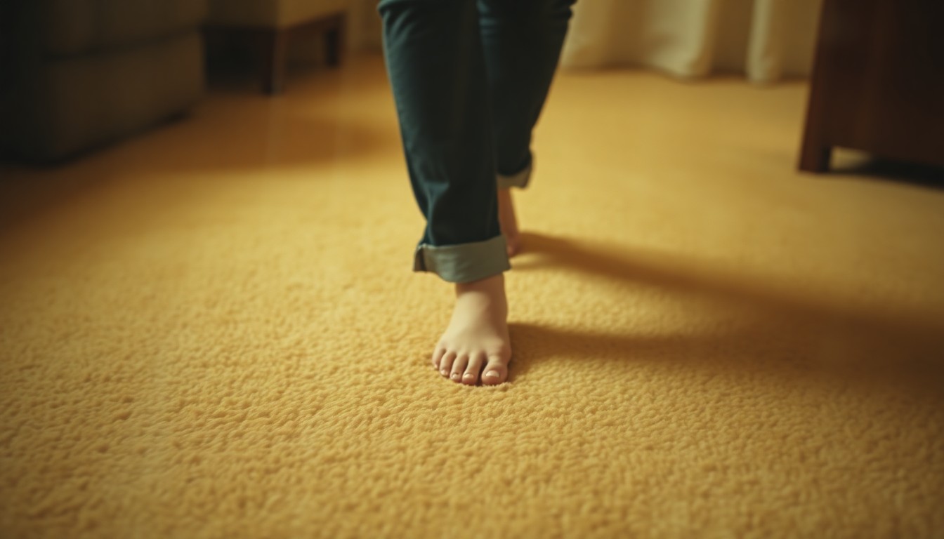 An abstract, blurred image of a person's feet walking on a soft, textured carpet, with the scene captured through a hazy, rain-streaked lens in warm, muted tones, conceptually representing the need for professional carpet cleaning after the winter season.