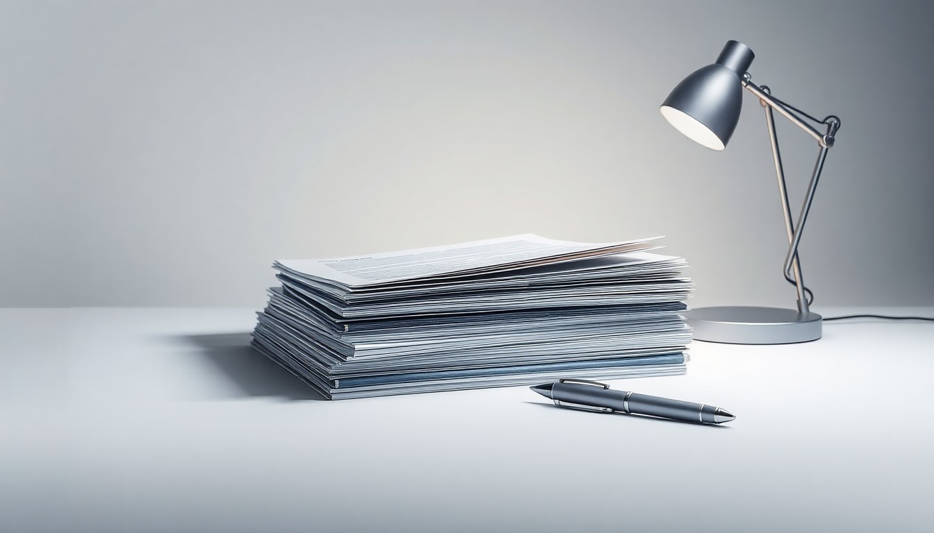 A minimalist, photorealistic studio still life featuring a stack of banking documents, a pen, and a modern desk lamp in muted shades of gray, blue, and silver, arranged elegantly on a clean, monochromatic background to conceptually represent the bank's corporate strategy and commitment to Detroit.