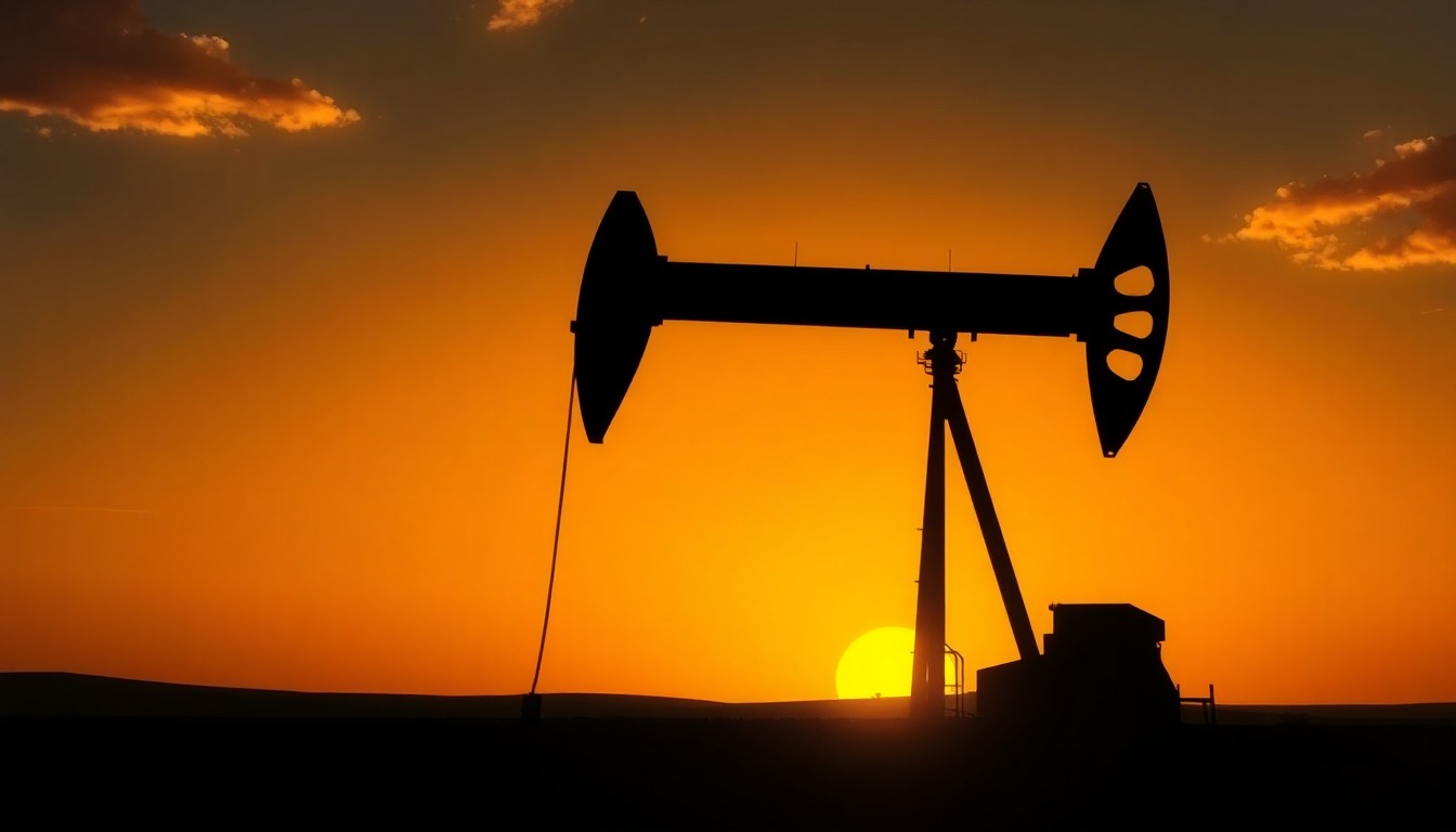 A serene, cinematic painting of a solitary oil pump jack standing tall against a vibrant sunset sky, its form cast in deep shadows and warm, diagonal light, conveying a sense of quiet contemplation over the economic forces shaping the region.