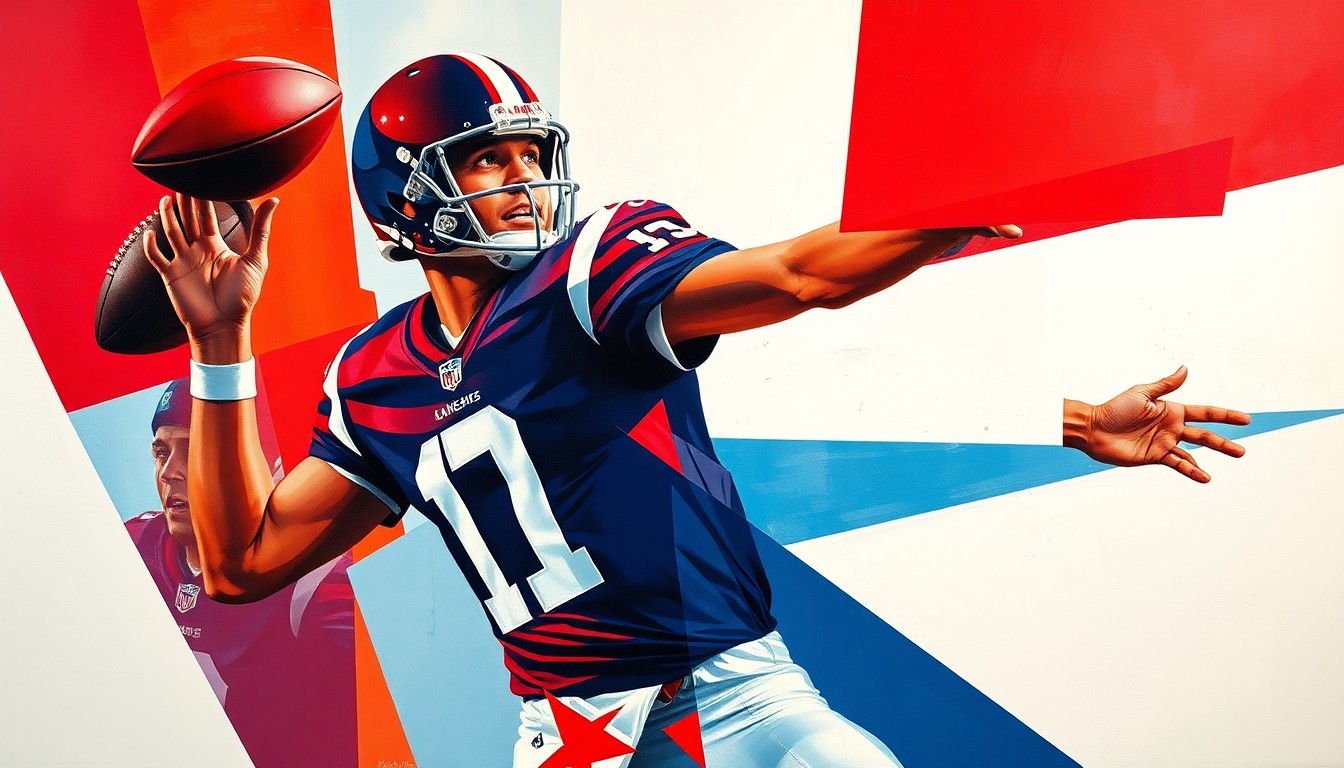 A fragmented, geometric painting depicting the throwing motion of a football quarterback, with sharp planes of crimson red, navy blue, and bright white overlapping to create a dynamic, abstract composition.