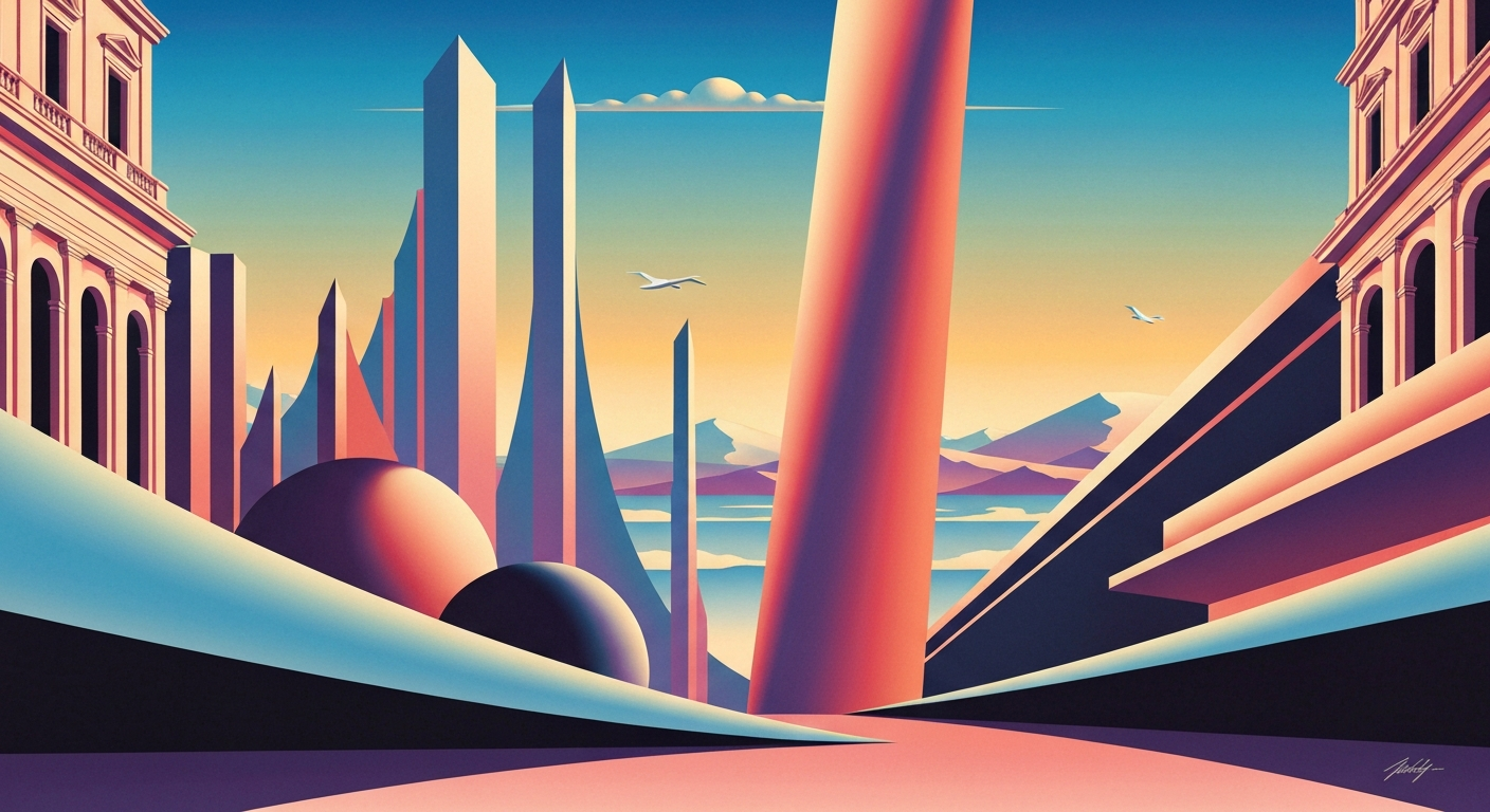 A bold, geometric illustration depicting the grand scale and sweeping perspectives of a modern travel destination, with sleek, streamlined architectural forms in shades of blue, orange, and gray, conceptually representing the expanding global influence of country music on the tourism industry.