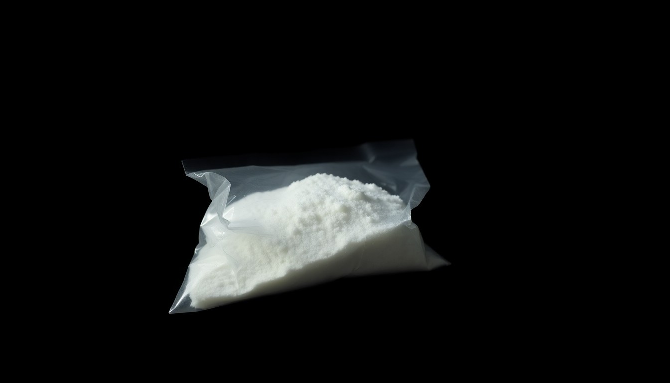 An extreme close-up photograph of a small plastic bag containing a crystalline powder, lit by a harsh, direct camera flash against a pitch-black background, creating a stark, gritty, investigative aesthetic that conceptually represents the evidence seized in a drug trafficking bust.