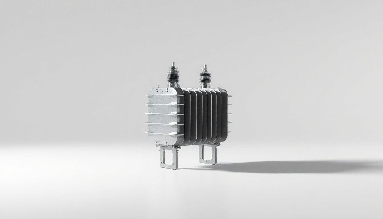 A highly detailed, photorealistic studio photograph of a polished, metallic electrical transformer or power line component floating on a clean, monochromatic background, dramatically lit to represent the abstract concepts of grid reliability and infrastructure upgrades.