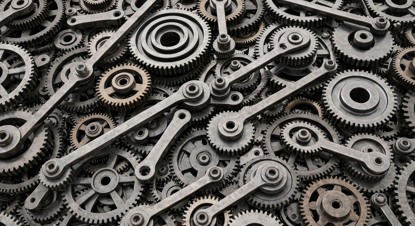 An extreme close-up of a complex network of metal gears, cogs, and levers in shades of grey, bronze, and black, conceptually representing the intricate financial machinery behind corporate mergers and acquisitions.