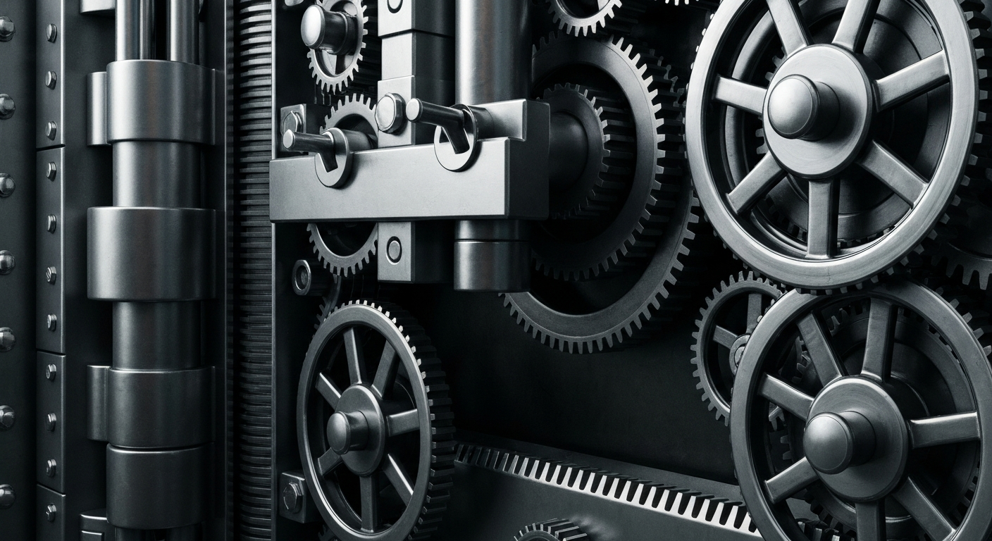 A highly detailed, cinematic close-up of the complex inner workings of a bank vault, conveying the secure and institutional nature of Acadia Healthcare's financial operations.