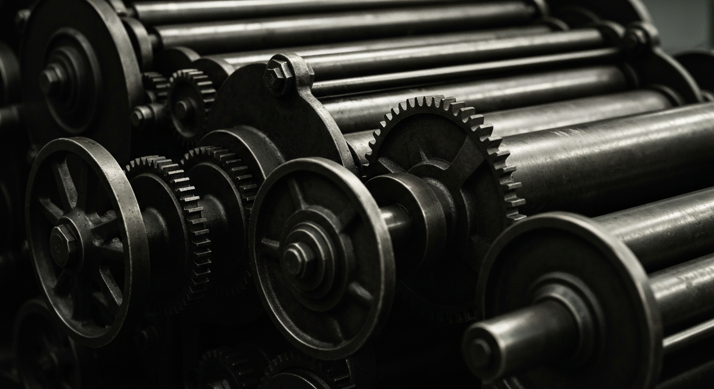 An extreme close-up of the heavy, industrial gears and mechanisms of a vintage printing press, conveying the tangible, physical infrastructure that supports regional media companies.