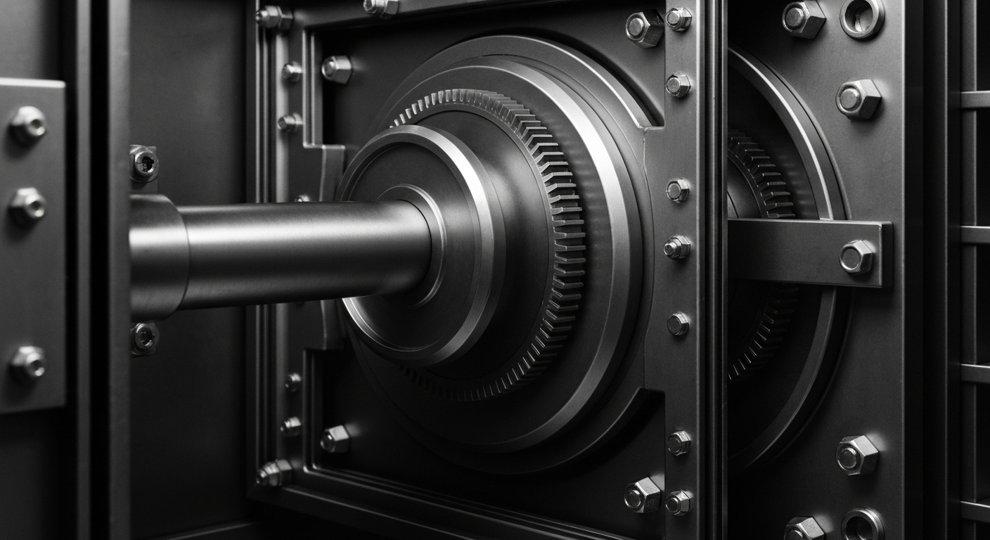 A close-up, high-contrast black-and-white image of the internal gears and mechanisms of a financial institution's vault, conveying a sense of industrial power and secure wealth storage.