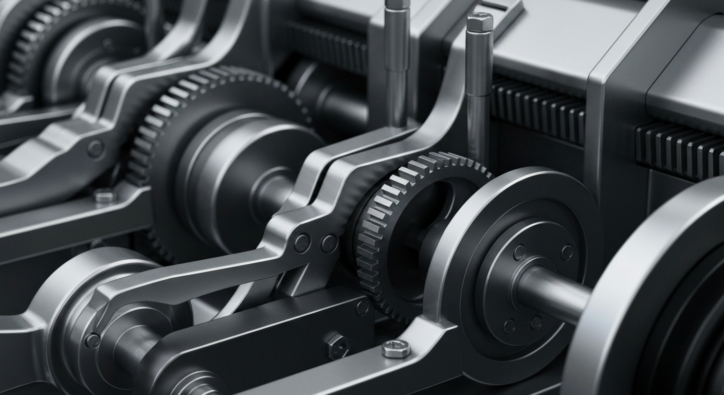 An extreme close-up of intricate, heavy banking machinery and mechanisms, conveying the institutional strength and security of the financial system.