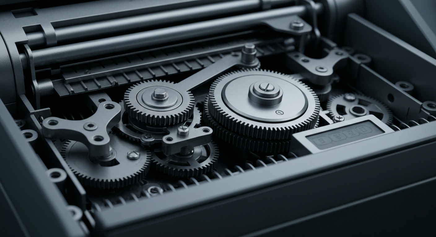 An extreme close-up of the complex machinery inside a Pitney Bowes postage meter, conveying the company's focus on innovative physical communications technology.