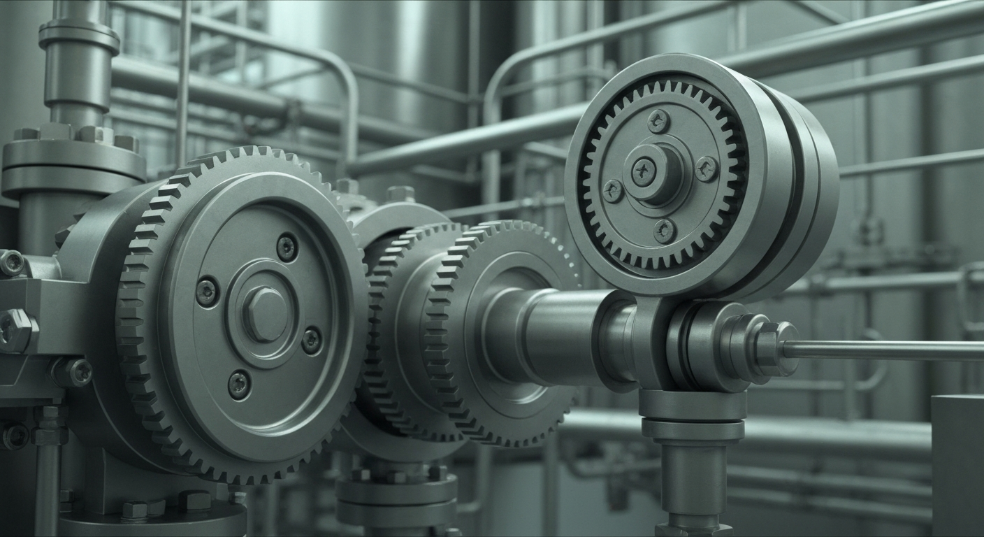 An extreme close-up of the inner workings of a pharmaceutical manufacturing plant, with a maze of metal pipes, valves, and industrial components filling the frame, conceptually representing the complex financial and technological infrastructure behind vaccine development.