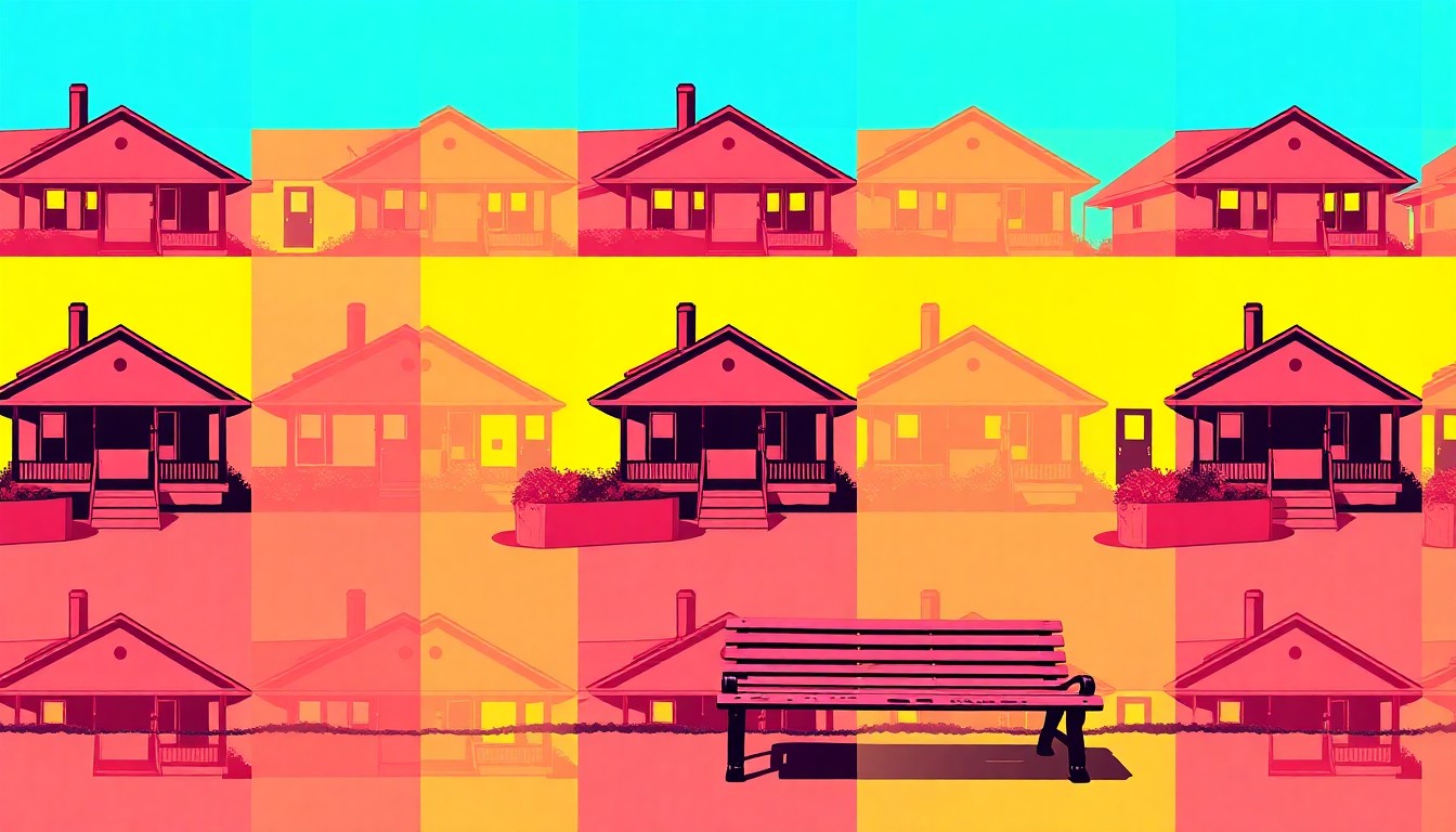 A brightly colored, high-contrast silkscreen print of a single, iconic Goose Creek neighborhood object, such as a house or community center, repeated in a tight grid pattern to capture the city's evolving real estate landscape.