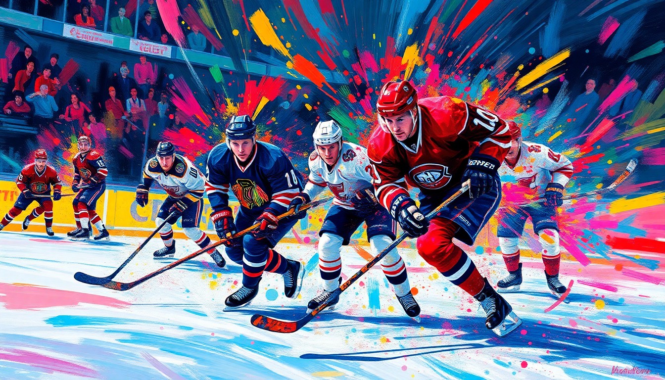 An abstract expressionist painting in neon colors capturing the explosive energy and movement of a professional hockey game, with players' forms dissolving into vibrant brushstrokes.