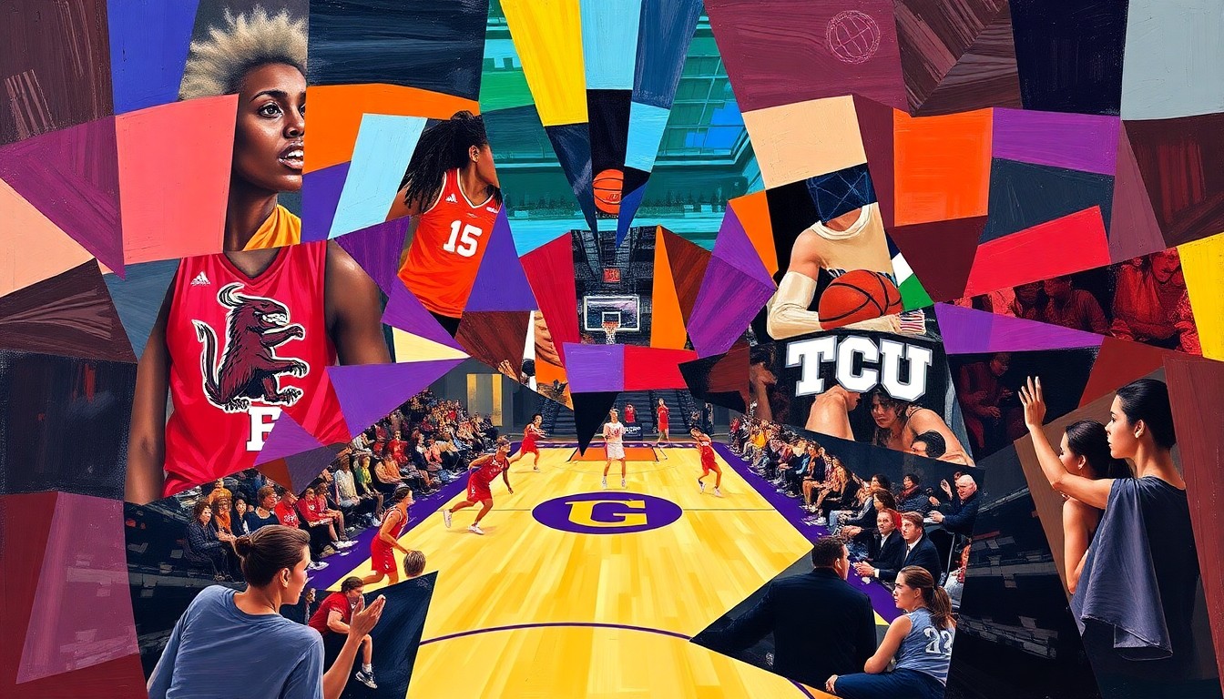 A fractured, cubist-style painting depicting the dynamic action of a women's basketball game, with the players and court rendered in sharp, overlapping geometric shapes and vibrant colors.