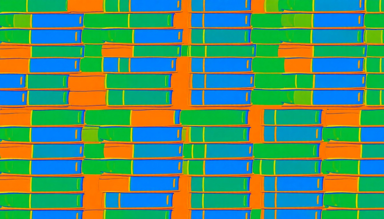 A bold, colorful silkscreen-style illustration featuring a repeating pattern of stacked textbooks in bright shades of blue, green, and orange, conceptually representing the energy and community of a college campus.