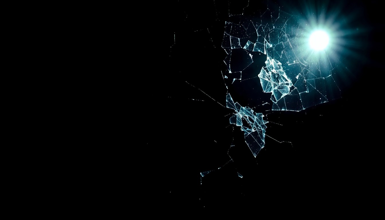 An extreme close-up of shattered glass reflecting a faint light, conceptually illustrating the aftermath of a violent incident.