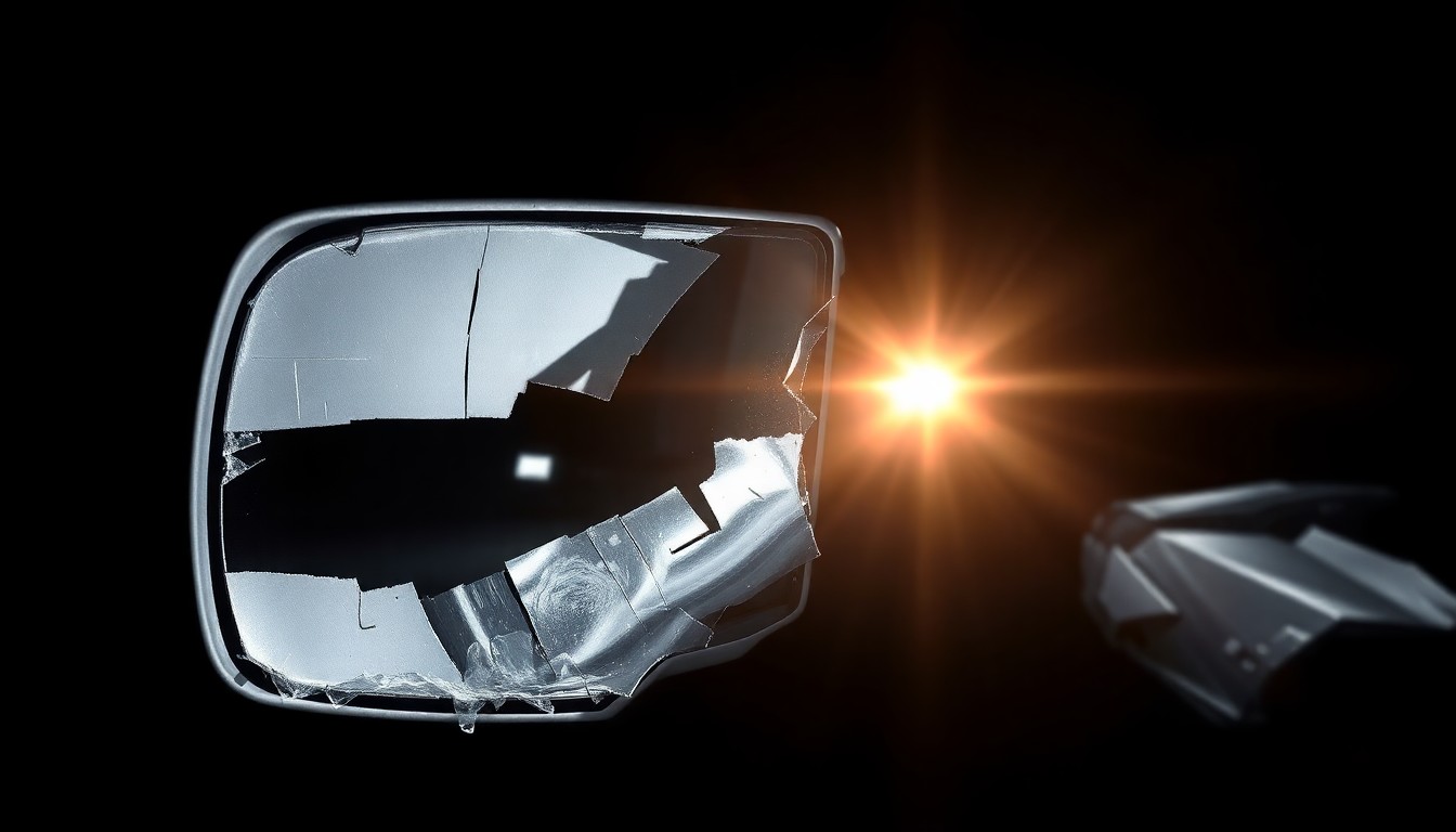 An extreme close-up photograph of a shattered side mirror from a damaged SUV, the harsh flash creating a stark, gritty aesthetic that conceptually represents the aftermath of a high-speed collision.