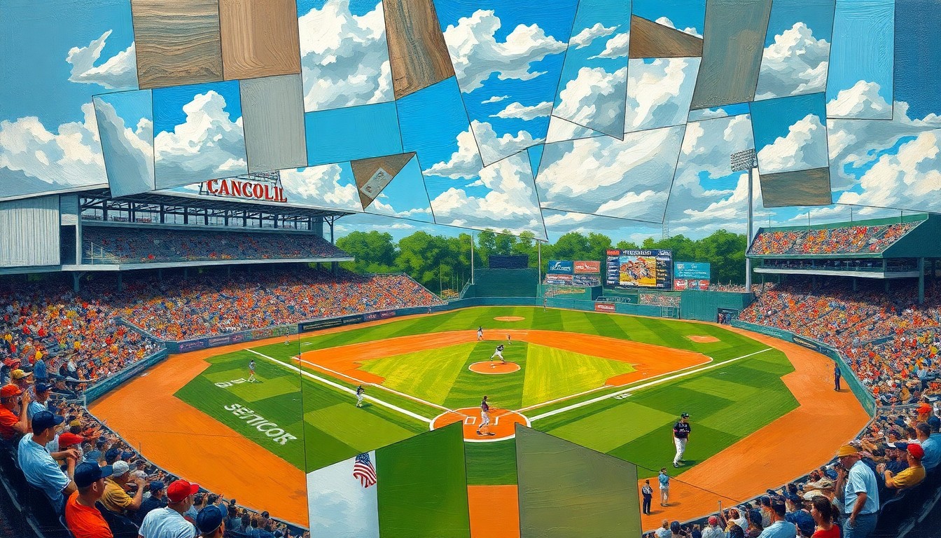 A cubist-style painting depicting a high school baseball game, with the players and field broken down into sharp, overlapping geometric shapes and planes in vibrant colors.