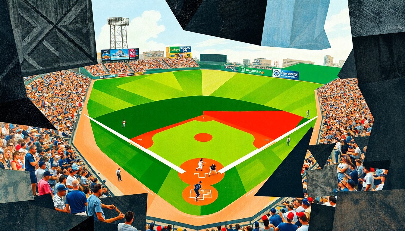 A fragmented, geometric painting depicting a baseball game in progress, with players, field, and crowd reduced to sharp, overlapping shapes and planes in a cubist style.