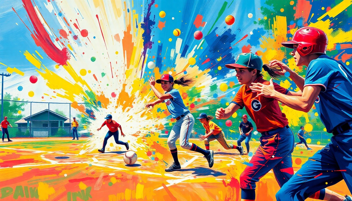 An abstract expressionist painting in vibrant neon colors, with rapid brushstrokes capturing the dynamic motion and energy of a high school softball game.