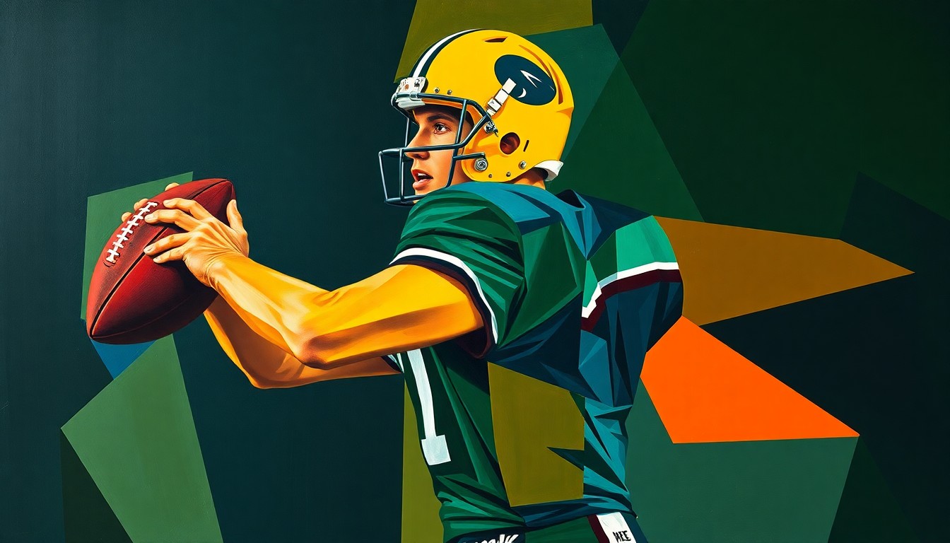 A cubist, geometric painting depicting a football quarterback in motion, with sharp planes of navy, green, and orange overlapping to create a fragmented, multi-perspective view of the player.