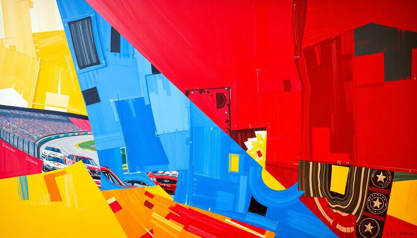 A vibrant, cubist-style painting depicting a NASCAR race at Martinsville Speedway, with the cars and track broken down into overlapping geometric shapes and planes of bright primary colors, conveying the dynamic energy and competitive spirit of the event.