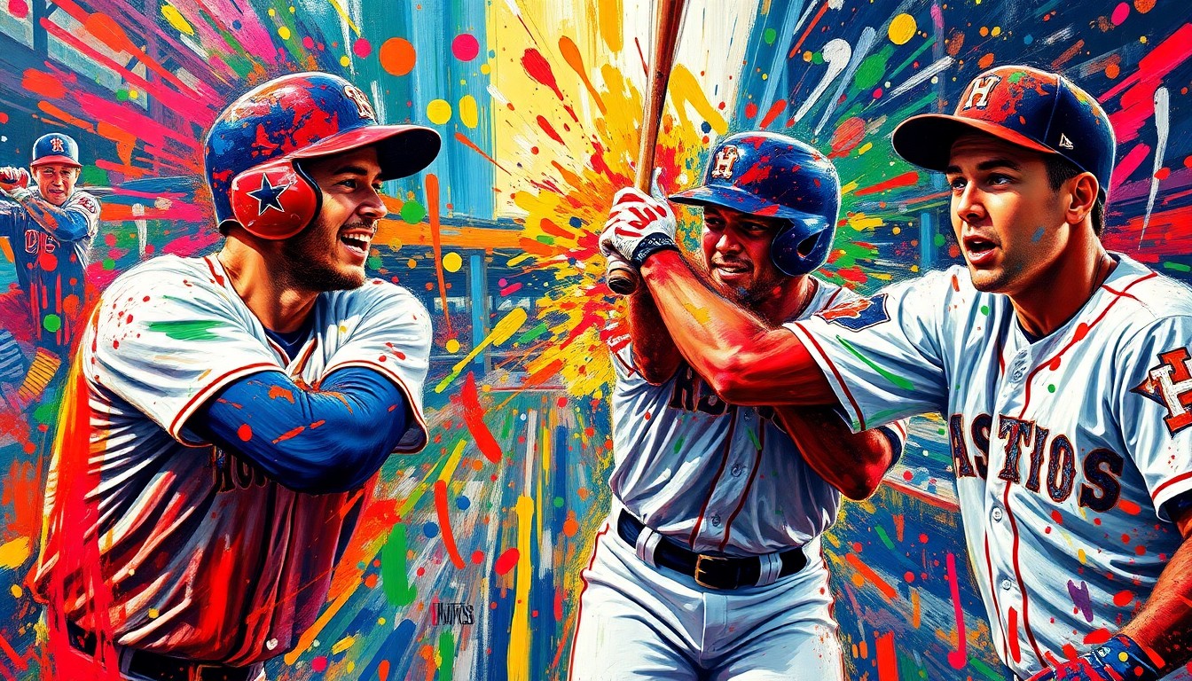 An abstract, energetic painting featuring bold, neon-colored brushstrokes that capture the intensity and emotion of a high-stakes baseball game, with players' forms dissolving into vibrant, expressive splatters of paint.