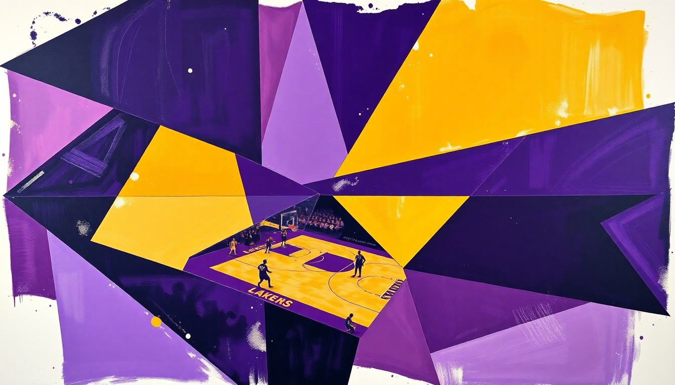 A cubist, geometric painting depicting a fragmented basketball game, with sharp planes of purple, gold, and black representing the Lakers' players and court.