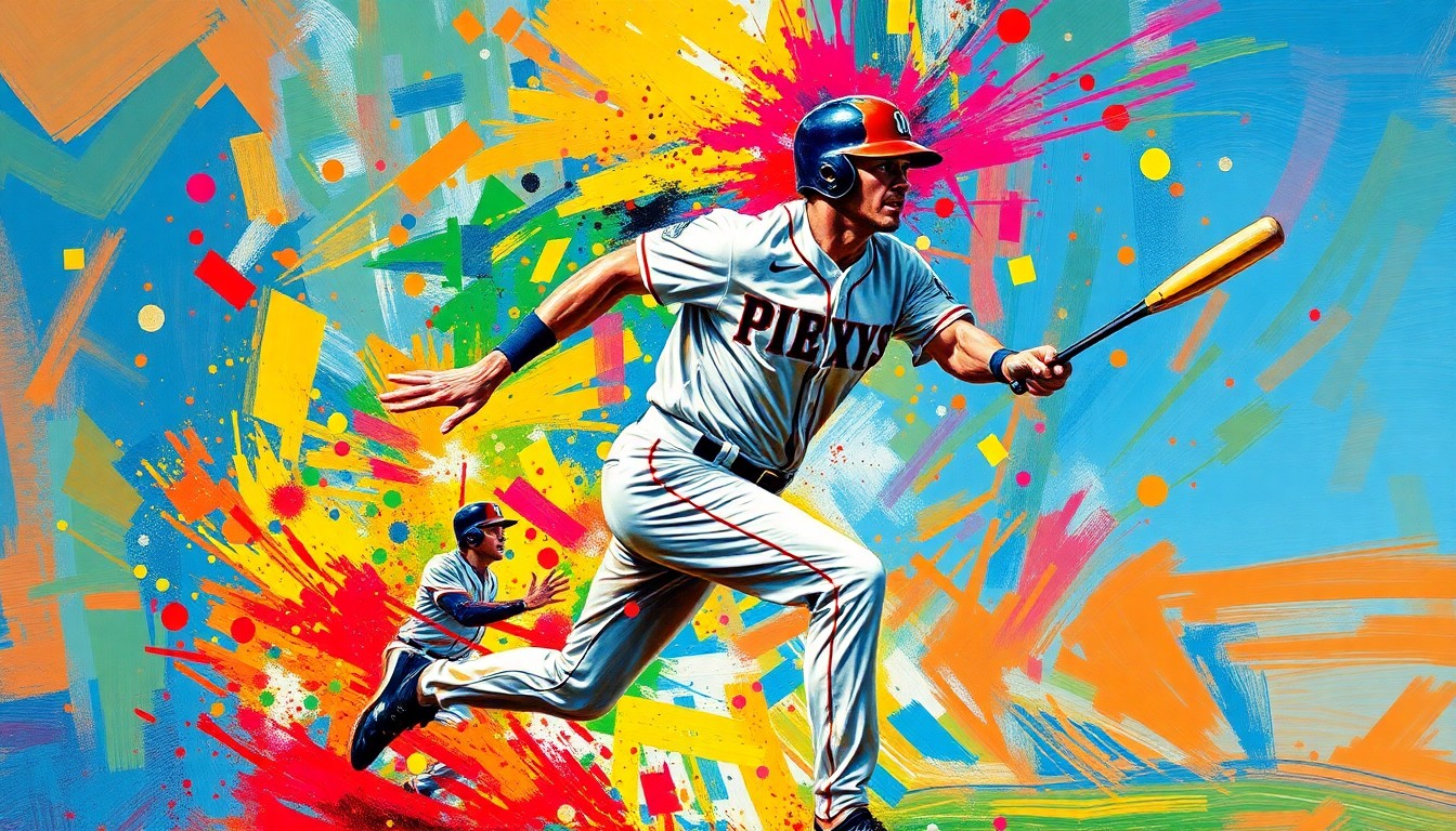 An abstract, energetic painting featuring bold brushstrokes in neon colors, conceptually representing the excitement and momentum of a baseball player's performance.