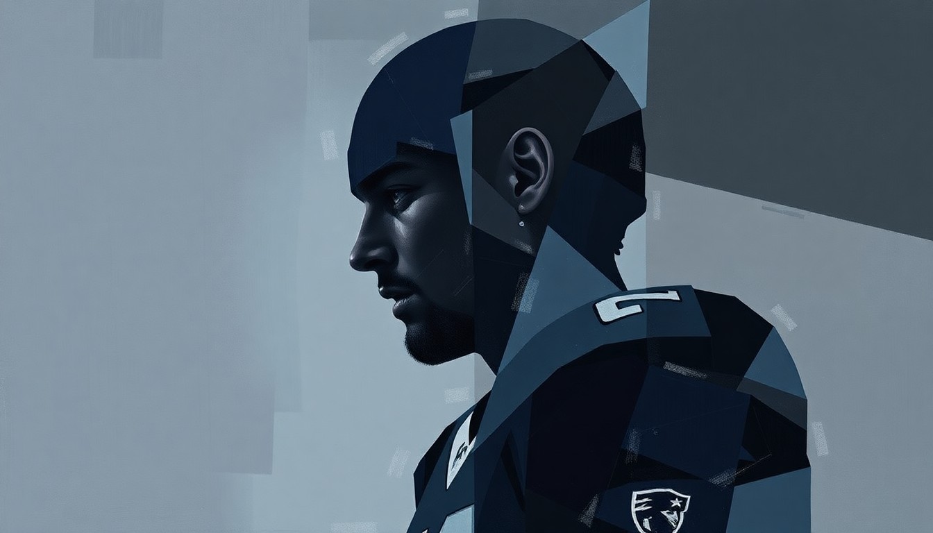 A fragmented, cubist-style painting depicting the silhouette of a football player broken down into sharp, overlapping geometric shapes in muted navy, charcoal, and steel grey tones, conceptually representing the complex mental health struggles of professional athletes.