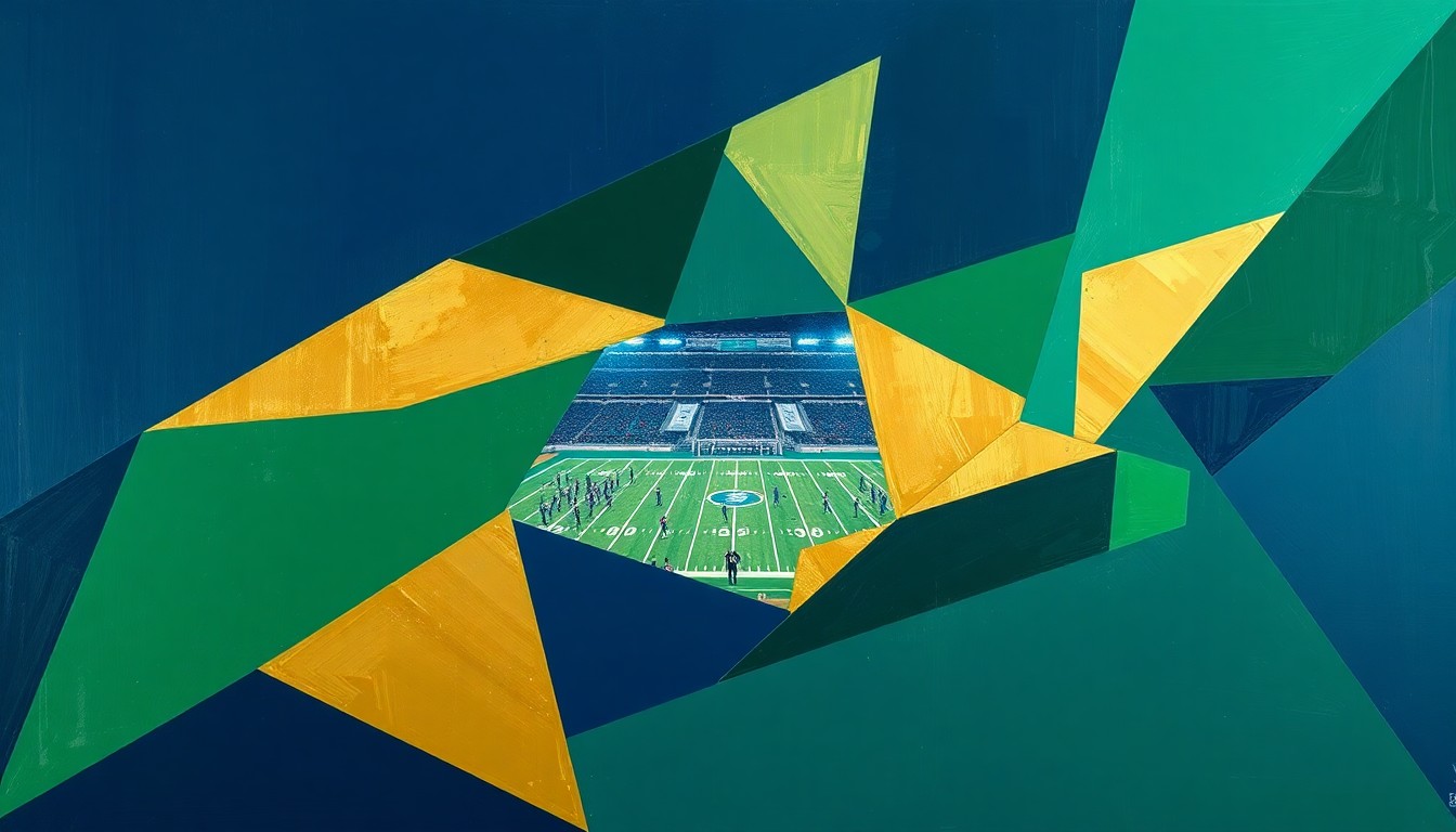 A cubist-style painting featuring fragmented geometric shapes in navy, green, and gold, conceptually representing the dynamic action of a football game.
