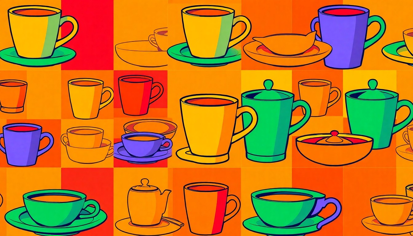 A brightly colored, high-contrast silkscreen print of a classic Italian espresso cup repeated in a tight grid pattern, using a neon color palette and heavy black outlines to capture the essence of Italian culture and consumer habits in a modern pop art style.