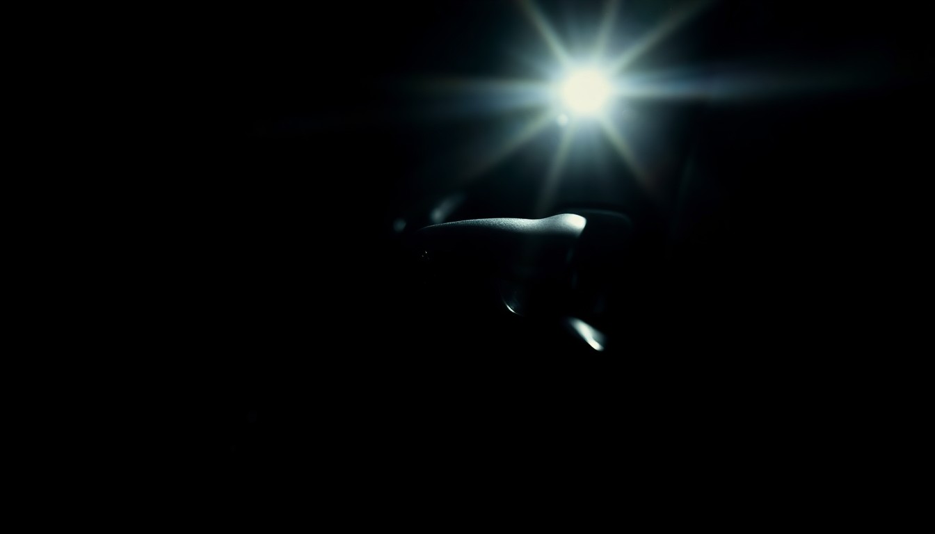 An extreme close-up of a police car door handle, the harsh flash illuminating the metal texture against a pitch-black background, conveying a sense of gritty investigation into an unexplained incident.