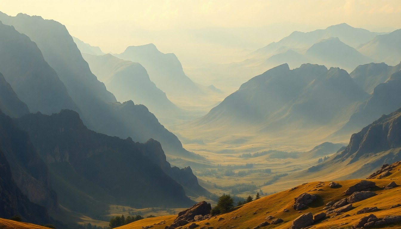 A vast, atmospheric landscape painting in muted tones of gold, orange, and blue, depicting a hazy, summer-like day with a distant horizon and minimal physical structures, conveying the overwhelming scale and power of the natural world.