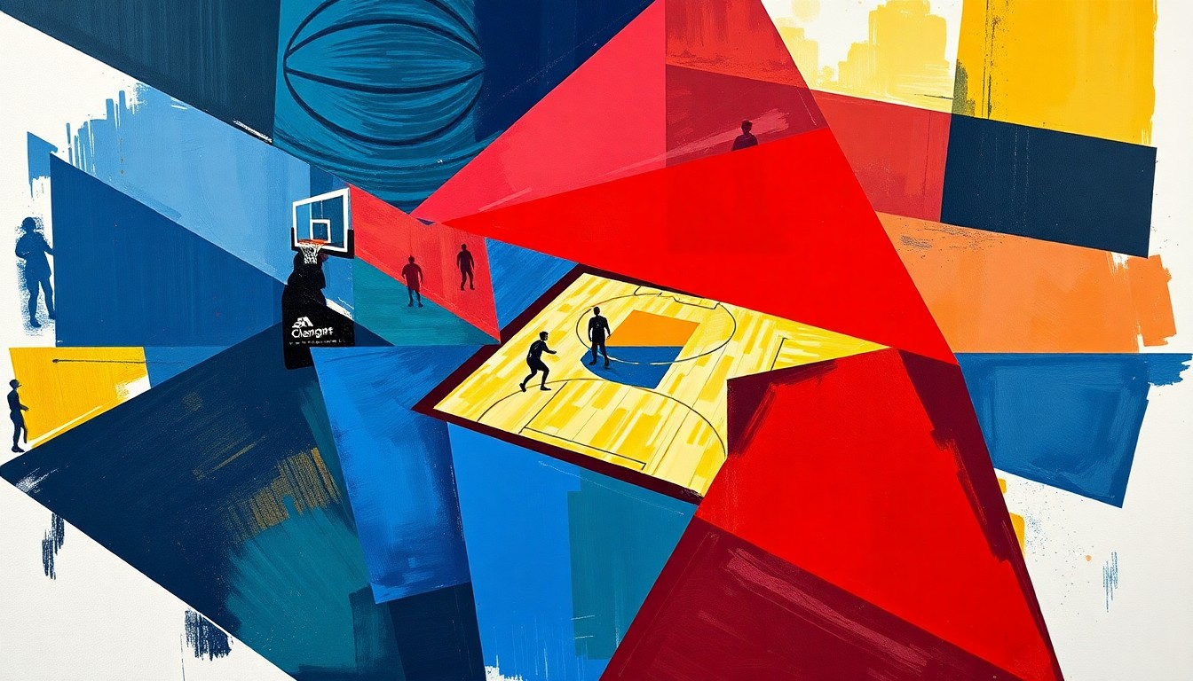 A fragmented, cubist-style painting depicting a basketball game, with sharp geometric shapes in navy, red, and gold overlapping to create a sense of motion and multiple perspectives, conceptually representing the complex issues of inclusion and diversity in the NBA.