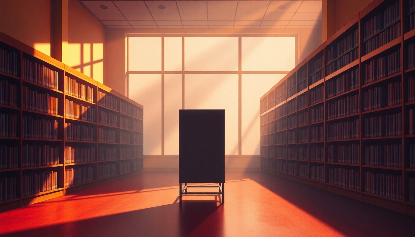 A serene, painterly scene of a lone voting booth or ballot box in a sunlit public library interior, capturing the quiet civic duty of voting in an understated, nostalgic style.