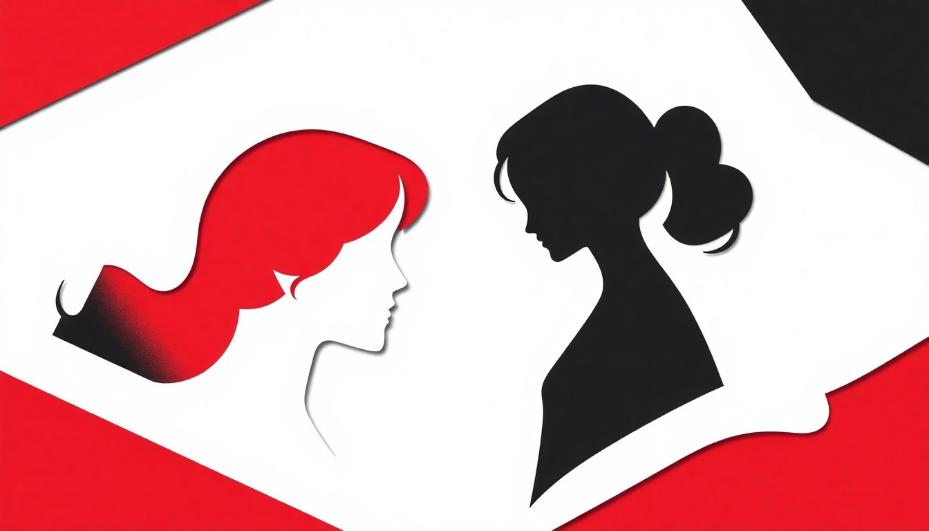 A striking abstract composition of bold, angular black silhouettes against a stark white background, with splashes of vibrant red, conceptually representing the emotional drama and powerful storytelling of the 'Beaches' musical.