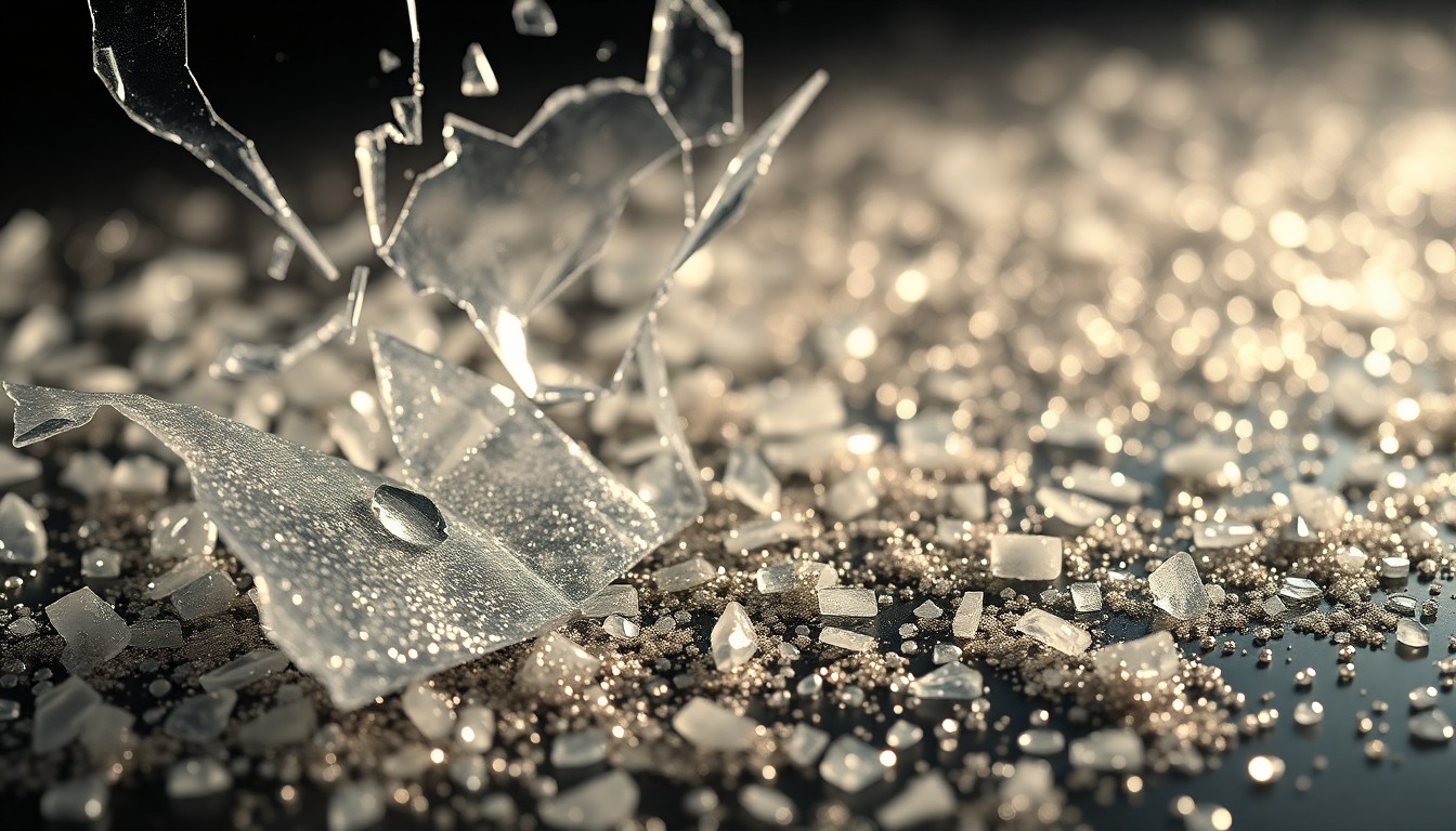 An extreme, abstract close-up photograph of shattered glass and glittering sequins in dramatic high-contrast studio lighting, conceptually representing the complex emotions surrounding the lives and deaths of this famous couple.