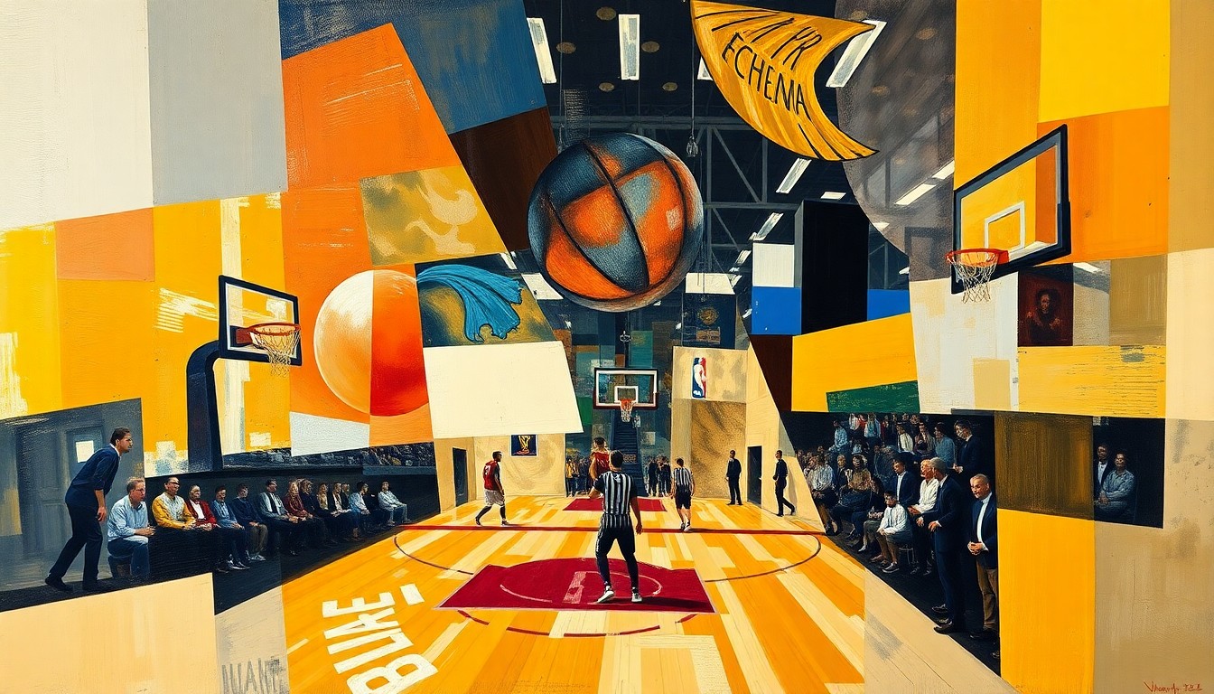 A fragmented, geometric painting depicting a basketball game or match, with sharp planes of color and overlapping shapes that convey the raw energy and tension of the competition.