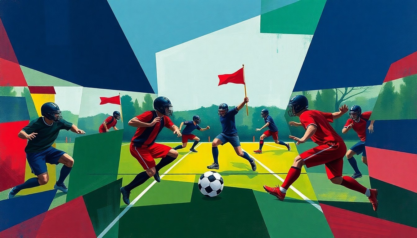 A cubist, geometric painting depicting the chaotic movements and plays of a flag football game, with players and the ball fragmented into sharp, overlapping shapes in a bold color scheme.