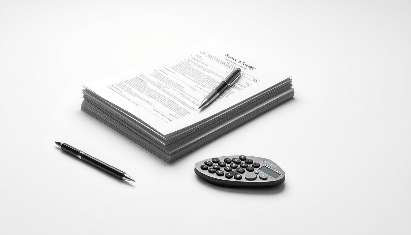An abstract studio still life featuring a stack of financial documents, a pen, and a calculator arranged elegantly on a clean, white background, conveying the refined, strategic nature of Frazier Healthcare Partners' investment decisions.