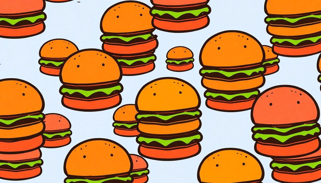 A bold, colorful silkscreen-style illustration featuring a grid of stylized Big Boy hamburger icons in bright neon shades of red, yellow, and blue, conceptually representing the loss of this classic American diner brand in Nevada.