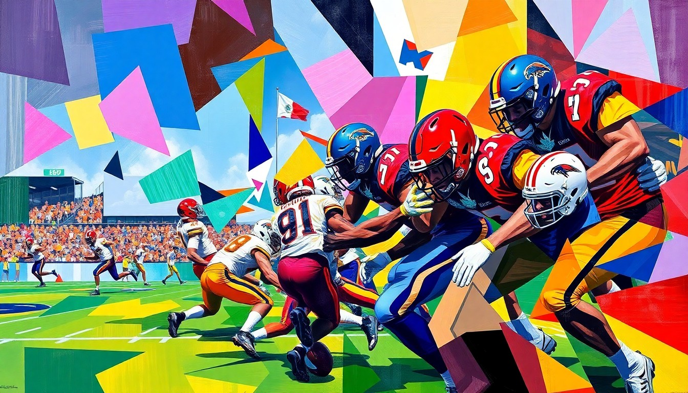 A cubist, geometric painting depicting the dynamic action of a high school football game, with players' forms fractured into overlapping angular shapes in the team's colors.
