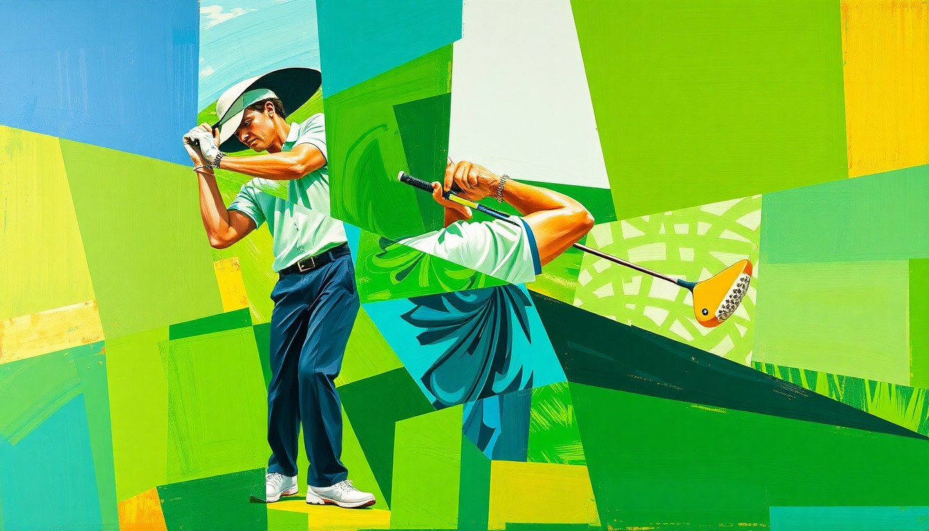 A cubist, geometric painting depicting a golfer's swing and the U.S. Women's Open tournament in a fractured, multi-perspective style, using vibrant colors to convey the energy and emotion of the event.