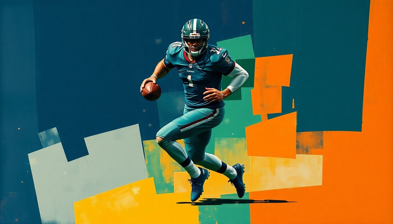 A cubist, geometric painting depicting a football player in motion, with sharp planes of navy, green, and orange creating a fractured, multi-perspective view of the athlete.