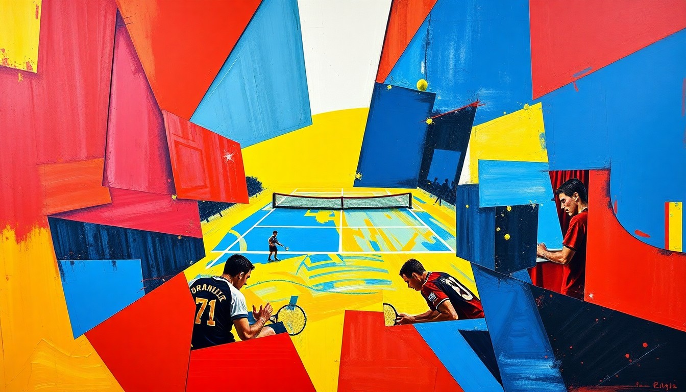 A cubist, geometric painting depicting a tennis match or competition, with sharp, overlapping planes of vibrant red, blue, and yellow colors, capturing the dynamic energy and competitive spirit of the event.