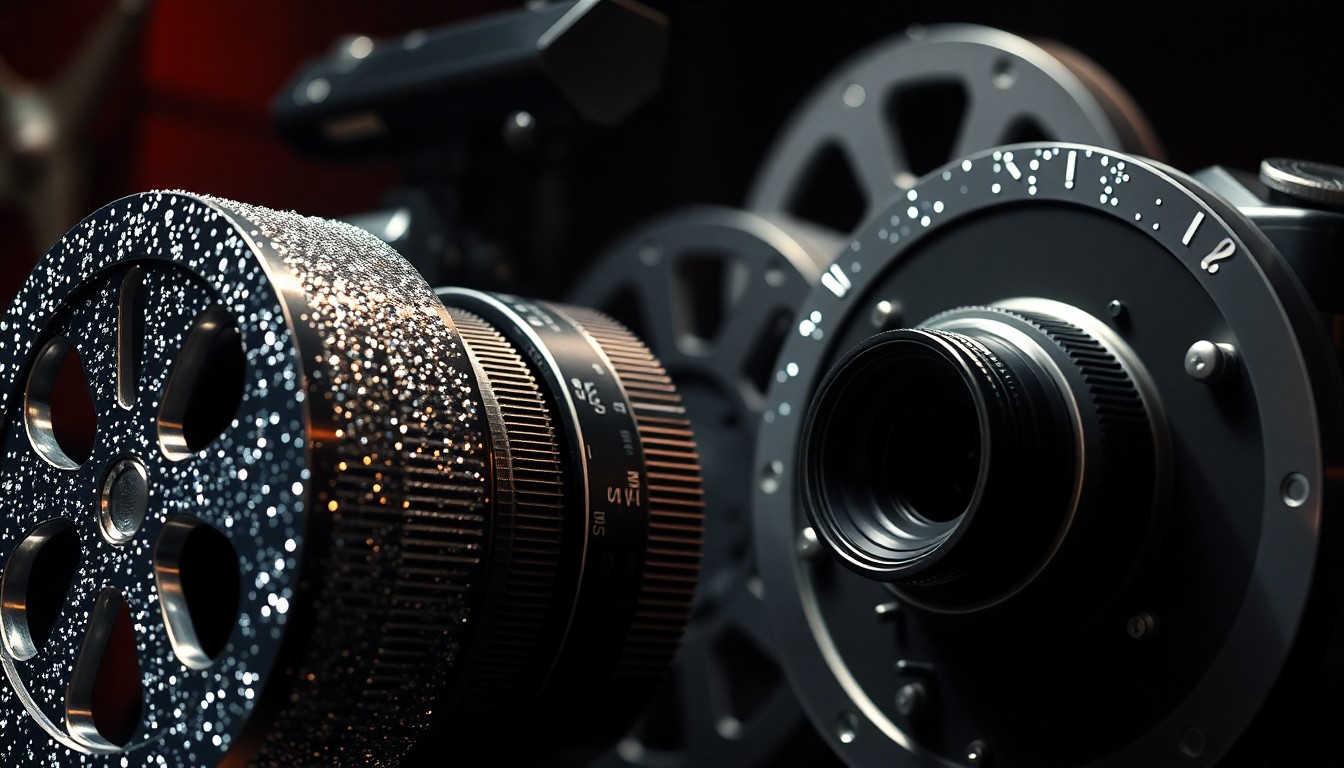 An extreme close-up photograph of shiny, reflective camera equipment and film reels, capturing the technical artistry of the cinematography profession in a high-contrast, glamorous aesthetic.