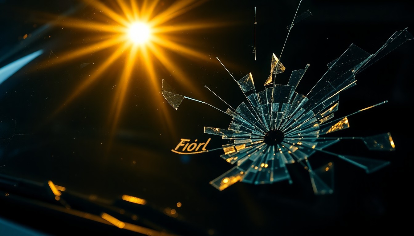 An extreme close-up of a shattered car windshield reflecting a harsh camera flash, conceptually representing the aftermath of a drunk driving crash.