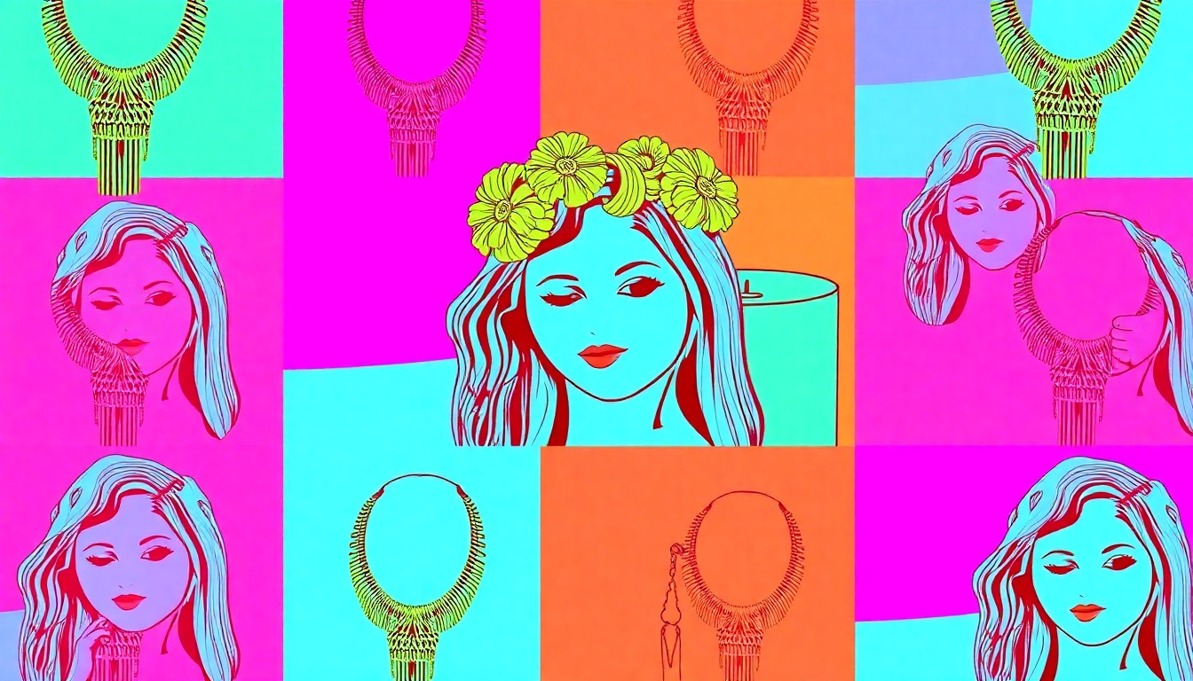 A high-contrast, silkscreen-style illustration featuring a repeating grid of brightly colored macramé necklaces, flower crowns, and handmade candles, conceptually representing the diverse range of lifestyle products created by local designers.